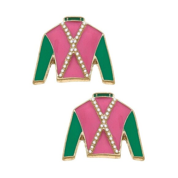 Canvas Style - Justify Jockey Silk Enamel Stud Earrings in Pink & Green - Picture 1 of 1